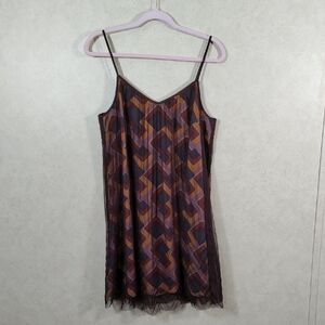 6194 Fossil brown mesh geometric print spaghetti strap mini dress M